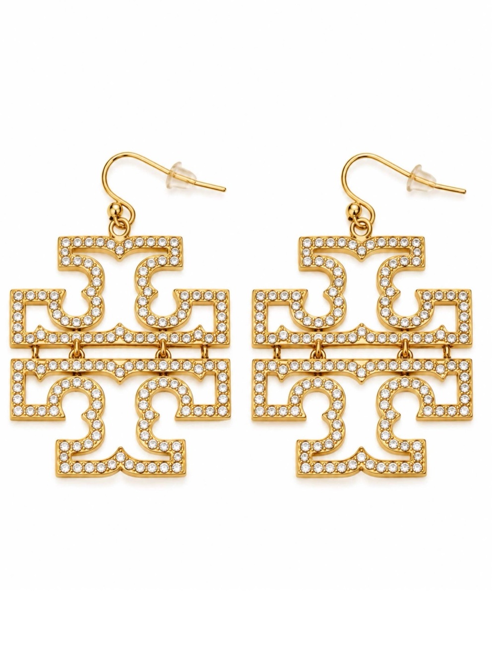 TORY BURCH • Gold Britten Crystal Logo Drop Earrings